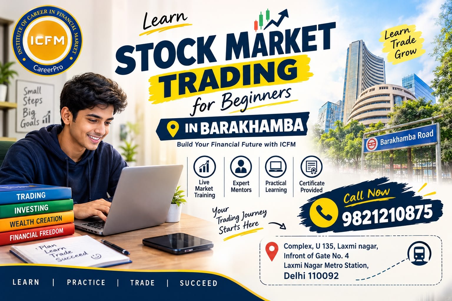 How to learn stock market trading for beginners in Barakhamba Road with ICFM Delhi